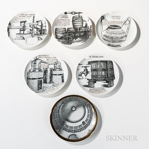 Six Piero Fornasetti (Italian, 1913-1988) Decorative Plates, Milan, Italy, c. 1970, five from a series made for Martini and Rossi depic