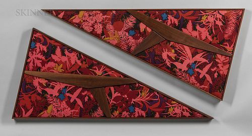 Two Framed Adrian Pearsall for Craft Associates Upholstery Tapestries, United States, c. 1965, wool and walnut, with maker's cloth labe