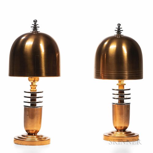 Pair of Greist Art Deco Table Lamps, New Haven, Connecticut, mid-20th century, lacquered copper and chrome, single sockets, base stampe