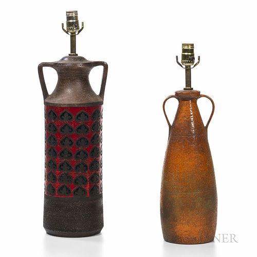 Two Mid-century Modern Ceramic Table Lamps, vasiform base with loop handles, mottled, textured orange glaze, base ht. 14 1/2, cylindric