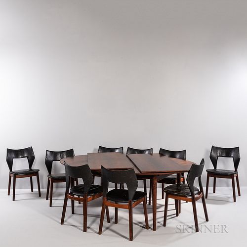 Tove (1906-1935) and Edvard (1901-1982) Kindt-Larsen for Thorald Madsens Dining Table and Nine Chairs, Denmark, c. 1965, rosewood, teak