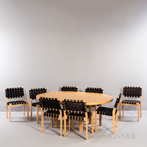 Alvar Aalto (Finnish, 1898-1976) for Artek Model H90 Dining Table and Eight Model 611/W Side Chairs, Finland, designed 1955, mid to lat