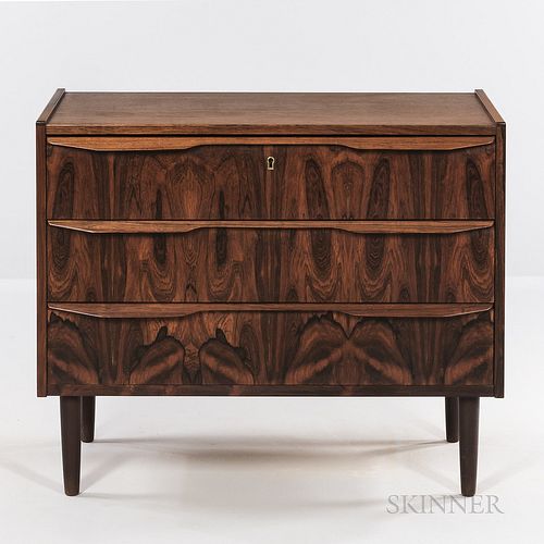 Danish Modern Three-drawer Chest. c. 1960, rosewood veneer, unmarked, ht. 30, wd. 31, dp. 16 in.