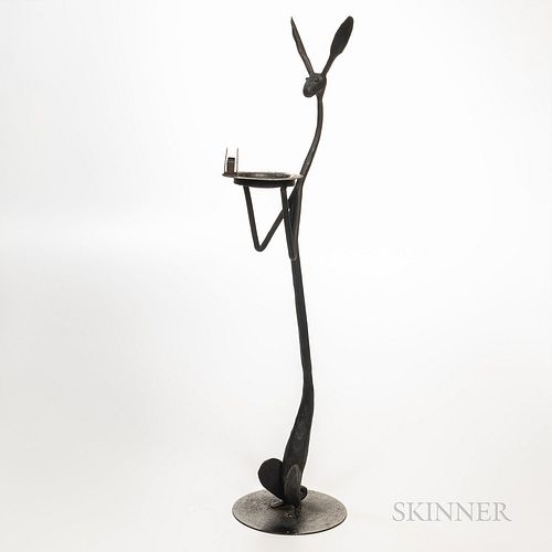 Attributed to Thomas C. Molesworth (1890-1977) Jack Rabbit Smoking Stand, Wyoming, c. 1950, wrought iron, ht. 36, wd. 9, dp. 12 in.Note