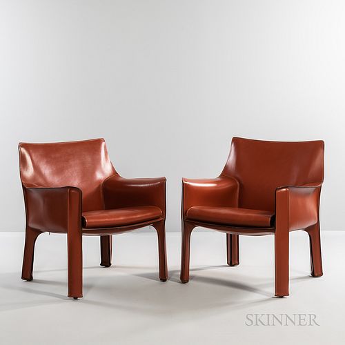 Two Mario Bellini for Cassina Model CAB 414 Lounge Chairs, Italy, late 20th century, stitched saddle leather, embossed maker's mark, ht