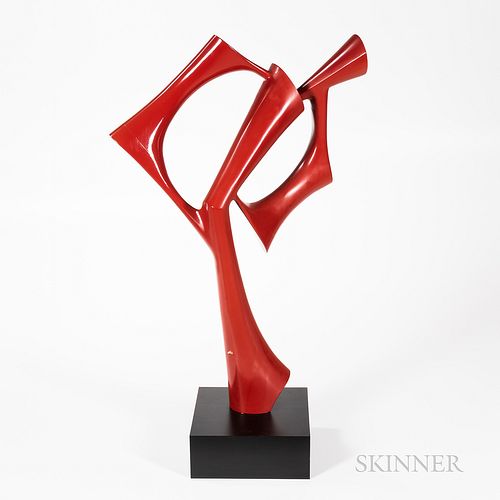 Mitch Slater "Jolie" Wood Sculpture, Wooster, Ohio, late 20th century, built up spruce, red enamel, labeled on underside of base, ht. 3