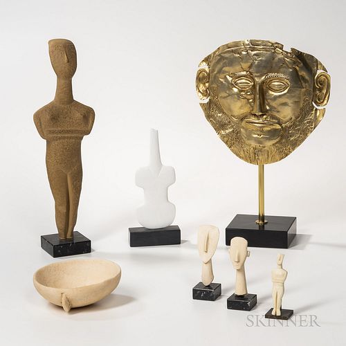 Collection of Ancient Greek Sculpture Museum Replicas, large Cycladic female idol, ht. 16 1/4, small Cycladic female idol, ht. 4, two C
