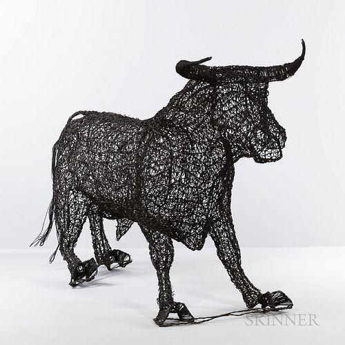 Monumental Brutalist Wire Bull Sculpture, mid to late 20th century, unmarked, ht. 46, wd. 90, dp. 25 in.