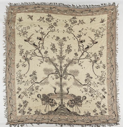 Hermès Double-sided Shawl, Paris, silk, tree and bird motif, lg. 105, wd. 95 in.