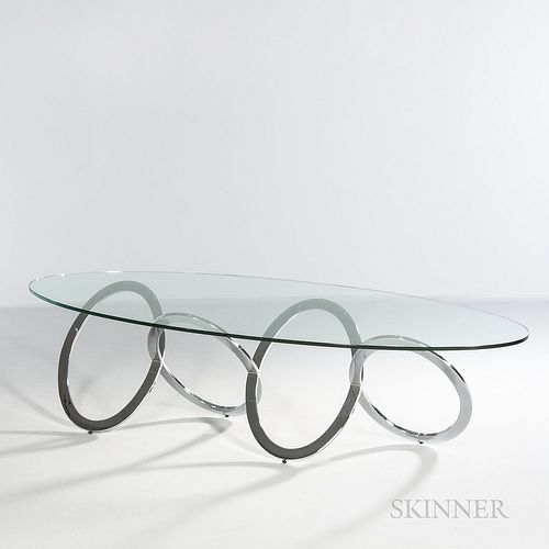 Glass Coffee Table with Chromed Rings Base, late 20th century, unmarked, ht. 18 1/4, wd. 68 1/4, dp. 26 in.