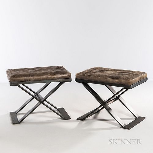 Pair of Louis Boston Stools, early 21st century, leather cushioned seat on heavy steel frames, unmarked, ht. 18, wd. 24, dp. 15 in.Note