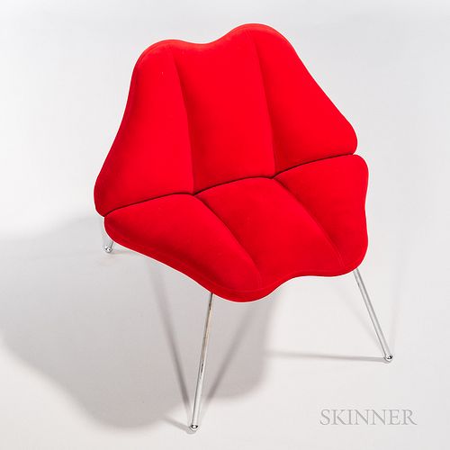Plush Red Lip Chair, mid to late 20th century, upholstery on chromed metal legs, unmarked, ht. 27, wd. 26, dp. 24 in.