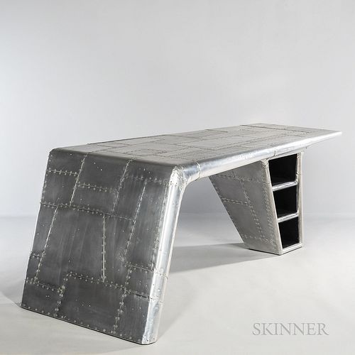 Aluminum Aircraft Wing Desk, United States, late 20th century, screwed sheet aluminum and wood, unmarked, ht. 30 1/2, wd. 73, dp. 34 in