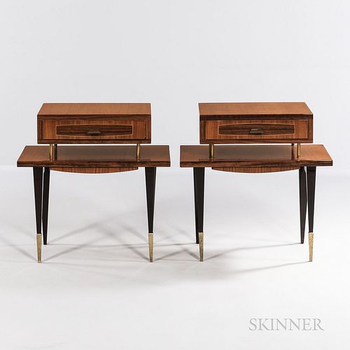 Two French Moderne Side Tables, mid-20th century, teak, rosewood and brass, elevated drawered cabinet raised on brass posts with eboniz