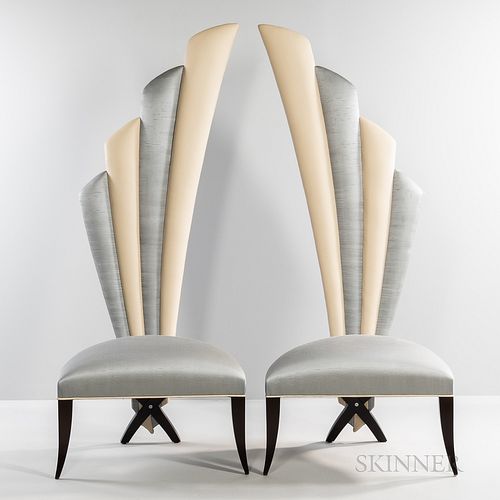 Pair of Christopher Guy X-leg High-back Chairs, United States, late 20th century, upholstery and wood, with the maker's metal button, h