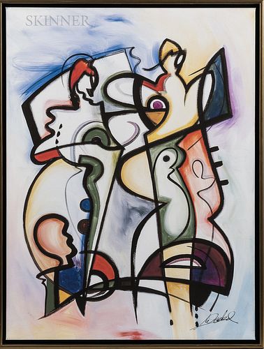 American/European School, 20th Century Cubist Abstract. Signed indistinctly l.r., numbered "78/95" l.l. Color screenprint on canvas, 40