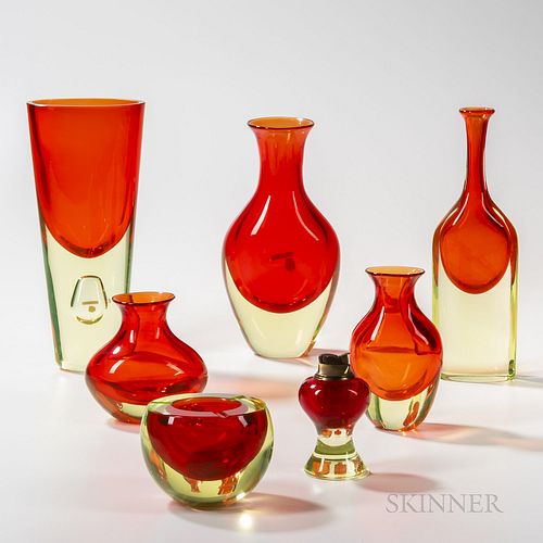 Seven Antonio da Ros (Italian, 1936-2012) for Cenedese Sommerso Art Glass Pieces, Murano, Italy, c. 1960, orange and green-yellow urani