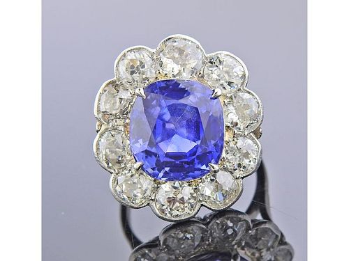 AGL 9.07 Carat No Heat Ceylon Sapphire Diamond Antique Ring 