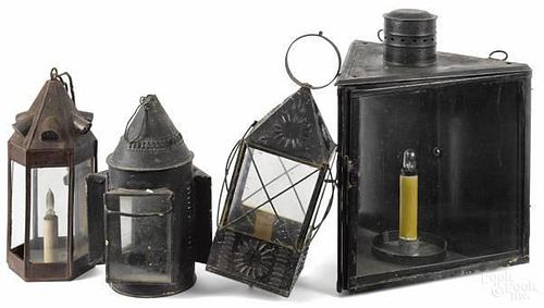 Four tin lanterns, 19th c., one with an early p
