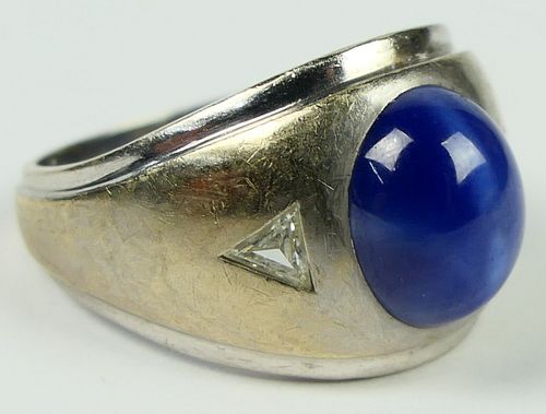 GENTS VINTAGE 14KT W GOLD STAR SAPPHIRE RING