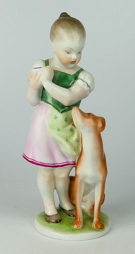 HEREND PORCELAIN GIRL WITH HER DOG