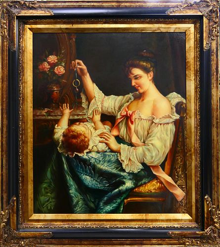 UNSIGNED OIL PAINTING ON CANVAS OF MOTHER & CHILD