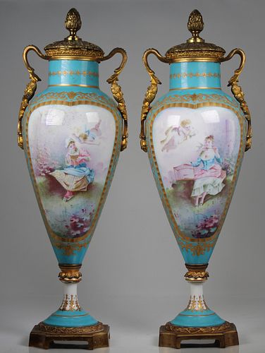 (2) Antique French Porcelain Twin Handled Urns