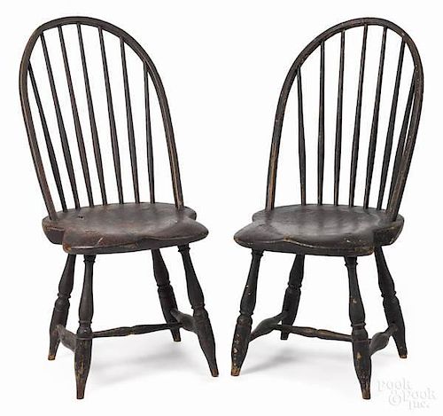 Pair of bowback Windsor chairs, ca. 1800, retai