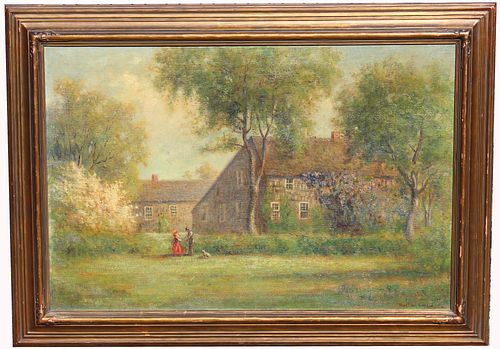 Exhibited 19th C. Painting of Figures Near a House