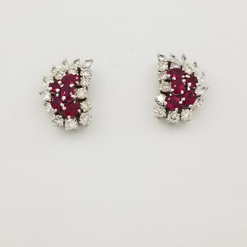 14K White Gold Ruby & Diamond Earrings