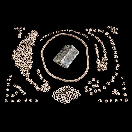 A Quartz Saddle Bannerstone AND Shell Beads, Largest 2-5/8 in.