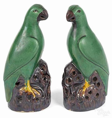 Pair of Chinese Qing dynasty porcelain parrots,