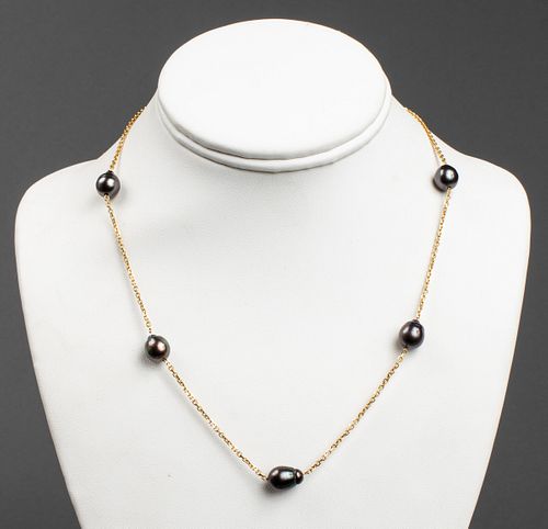 14K Yellow Gold Black Baroque Pearl Necklace