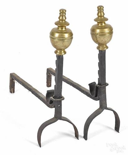 Pair of Continental brass and iron andirons, 18t