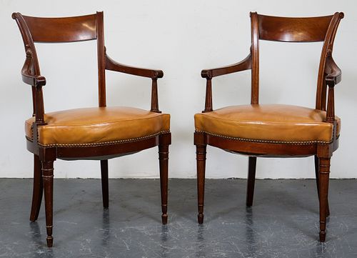 Sheraton Style Carved Open Armchairs, Pair