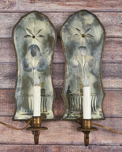 Pair of etched glass and brass wall sconces, 19t