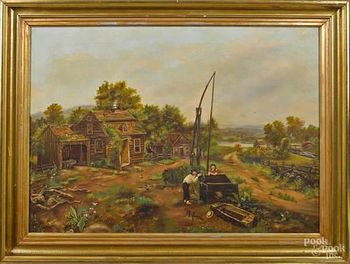Oil on canvas landscape with a farmstead, 19th c