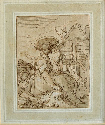 Abraham Bloemaert,Seated Peasant Girl, Ink on Paper, Dutch