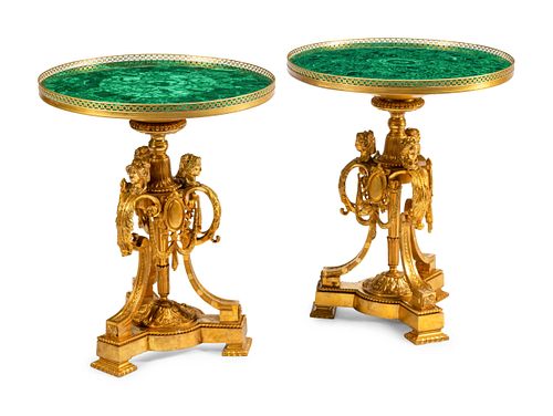 A Pair of Louis XVI Style Gilt Bronze and Malachite Tables