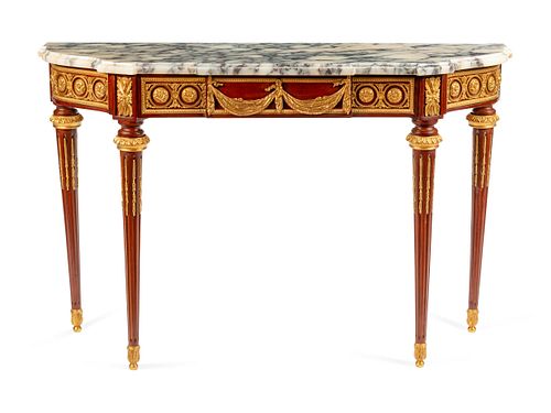 A Louis XVI Style Gilt Bronze Mounted Mahogany Marble-Top Console Table