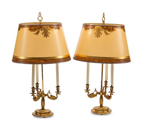 A Pair of Empire Style Gilt Metal Three-Light Candelabra Lamps
