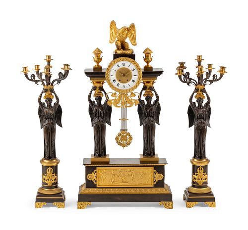 A Large Empire Style Gilt and Patinated Bronze Clock Garniture