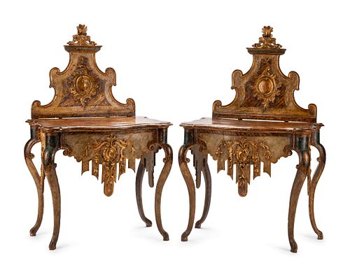 A Pair of Venetian Painted and Parcel Gilt Console Tables