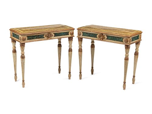 A Pair of Italian Faux Marble Painted Console Tables