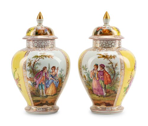 A Pair of Dresden Porcelain Covered Urns