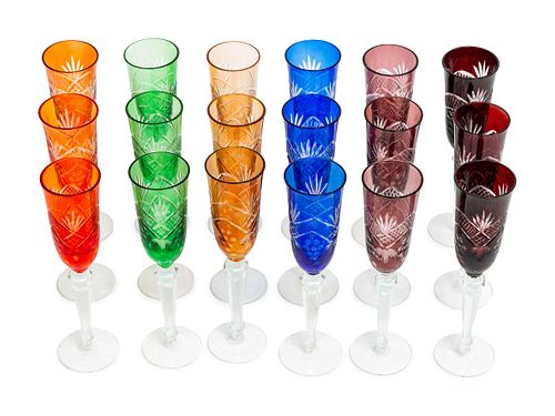 A Set of Eighteen Colored Cut-to-Clear Glass Goblets
