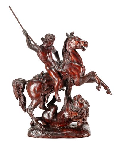 A Carved Wood Figural Group of a Young Man on Horseback Slaying a Lion