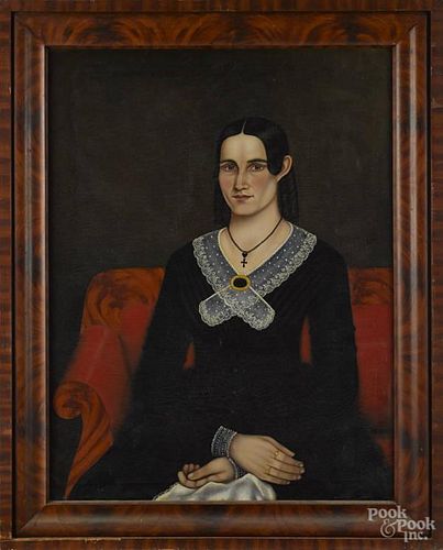 American oil on canvas folk portrait of a woman,