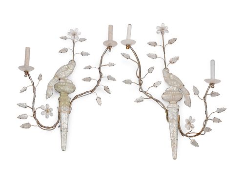 A Pair of Rock Crystal Mounted Two-Light Sconces in the Style of Maison Bagues