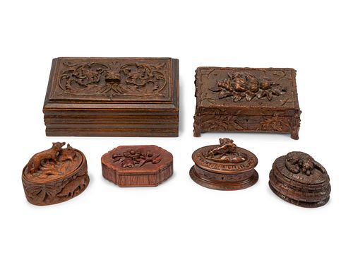 Six Continental Carved Wood Boxes